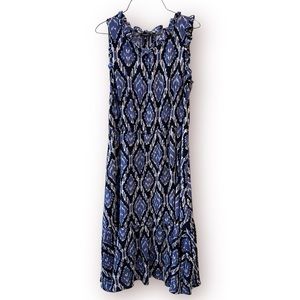 Talbots Ruffle Trim Cabana Ikat Blue Dress Size 8 Lined